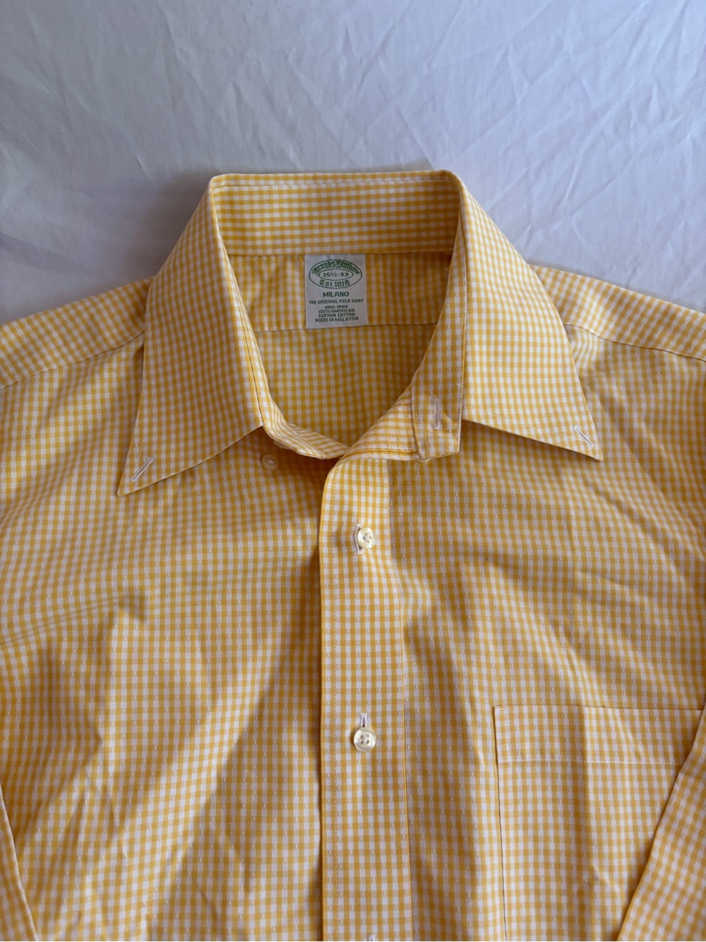 Brooks Brothers Milano Yellow Gingham Men's Dress Shirt Sizes 15.5/33